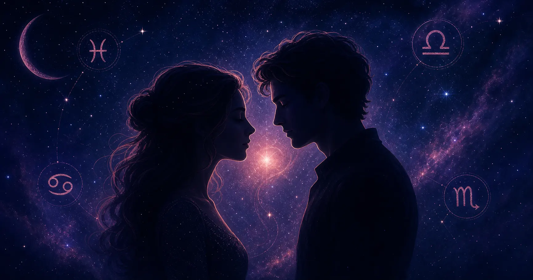 Duas silhuetas sob um céu estrelado com símbolos dos signos